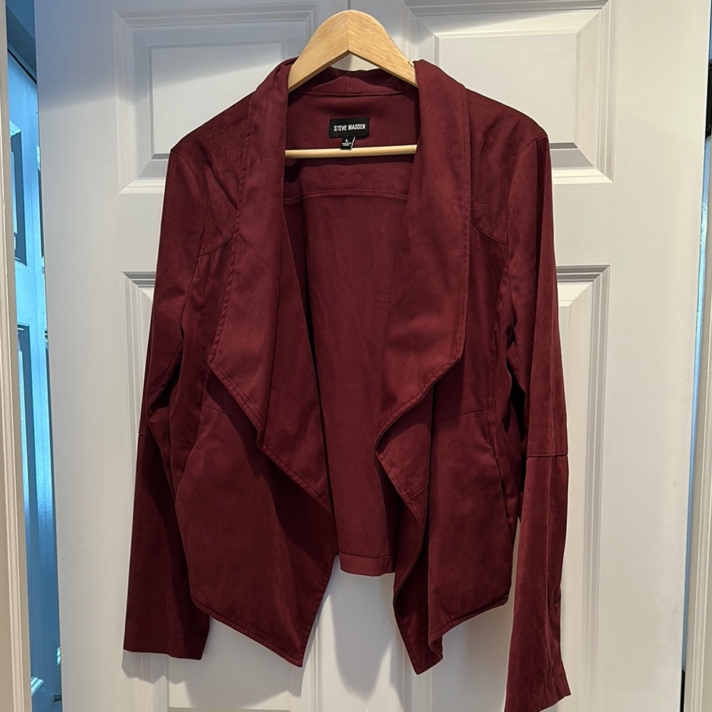 Steve Madden Women's Burgundy Open Jacket with Shawl Collar - suede like fabric
